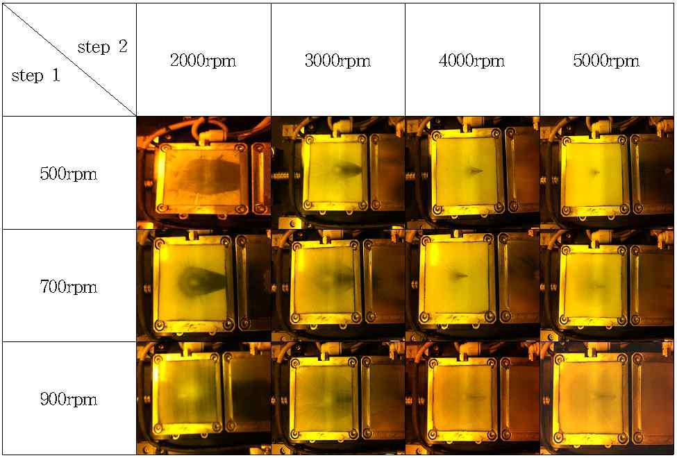 점도 1000cps 페이스트를 사용한 스핀코팅 공정조건 실험