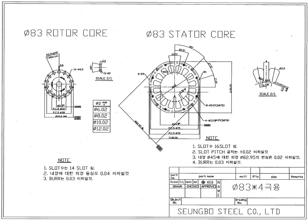 ∅83 2극용 Rotor Core 및 Stator Core 도면