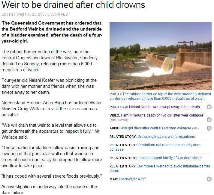 가동보 방류로 인한 4살 여아 사망 사고 사례 (2008년 11월, 호주)