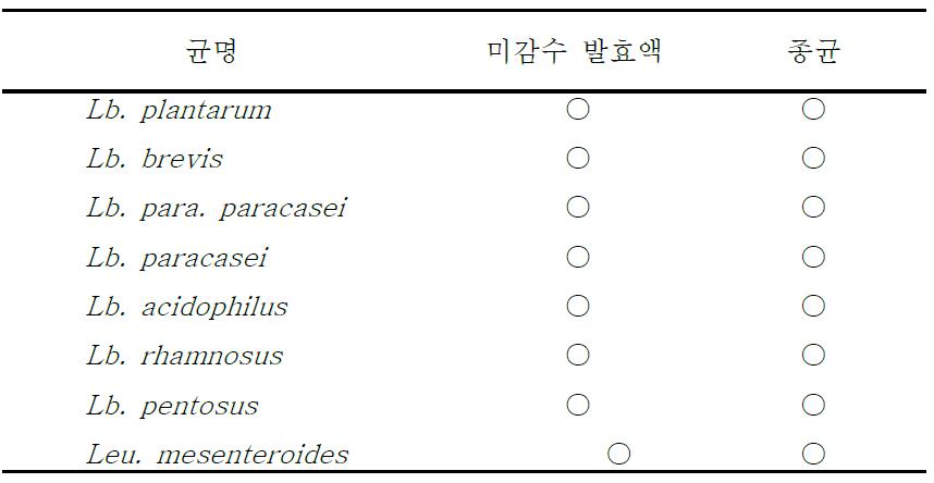 미감수 발효액과 종균의 MRS 배지에서 생육하는 균의 동정