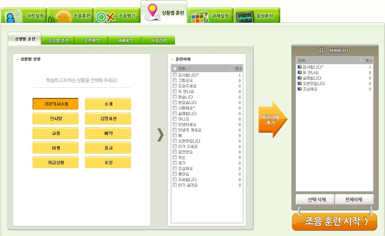 상황별 및 장소별 상용문장 콘텐츠 검출 화면