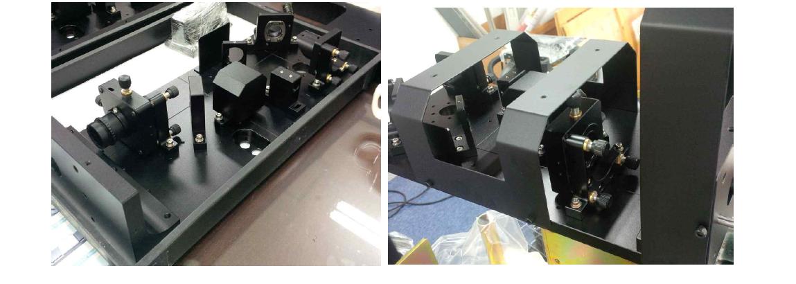 광학베드와 부착된 광학 부품들