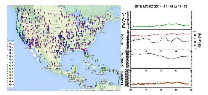 SuomiNet 지역망 분포(좌) 및 MOSD 관측소의 가강수량 정보(우)