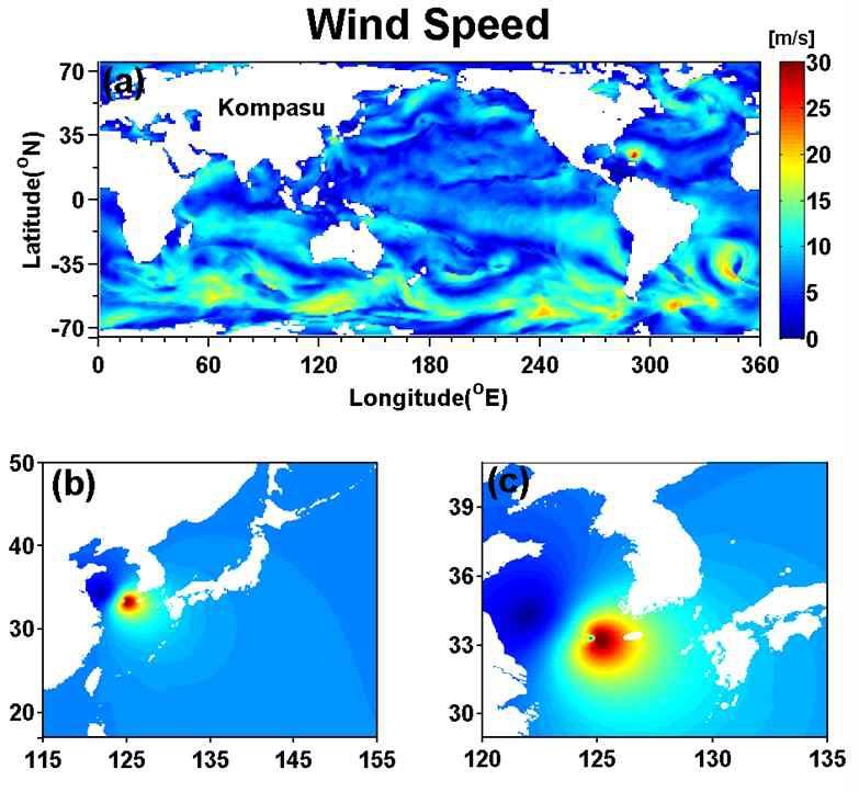 Wind distributions domains for (a) global, (b) western North Pacific, (c) Seas around the Korean peninsular during the passage of typhoon Kompasu nearby Gageocho ocean research station