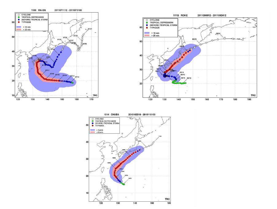 Track of typhoon Maon (1106), Roke (1115) and Chaba (1014)