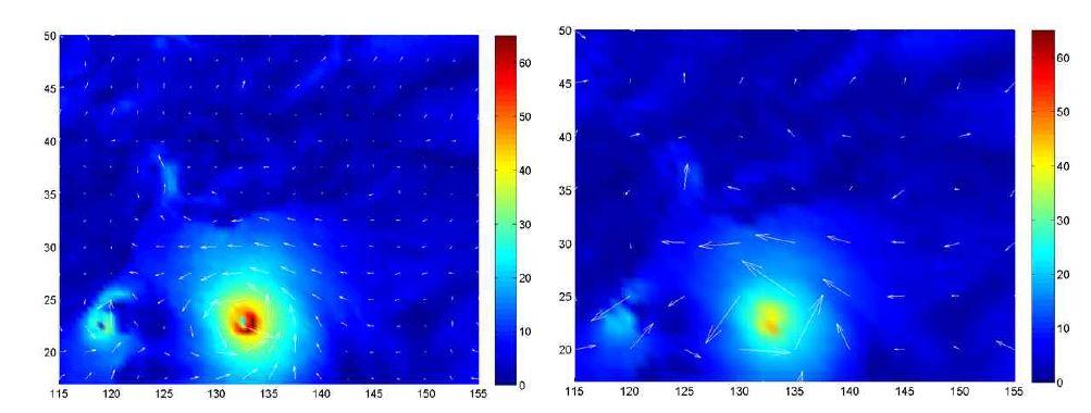 Comparisons of wind fields between GFS 0.5o(left) and 1o (right) resolution reanalysis data during the passage of typhoon Bolaven