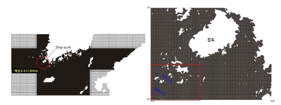 계산방식 및 정확도 검증위한 남해영역 격자망 (위) 및 진도 서측 세월호 침몰해역 격자망 구성도 (아래)