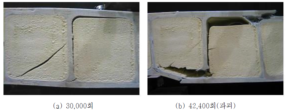 AFH-F64 실험체의 3번 복부판 하단연결부의 피로균열 및 파괴 형상