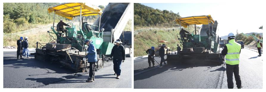 저탄소 중온 아스팔트 혼합물 시공장면 (전남 화순군의 이양-능주도로 확장공사 시험포장, 2010년 10월 26일)