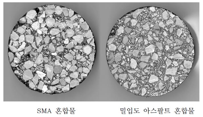 일반 아스팔트 혼합물의 공시체 단면 비교