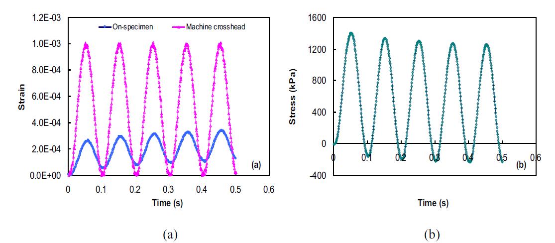 First five cycles of a typical controlled crosshead cyclic test: (a) strain history; and (b) stress history