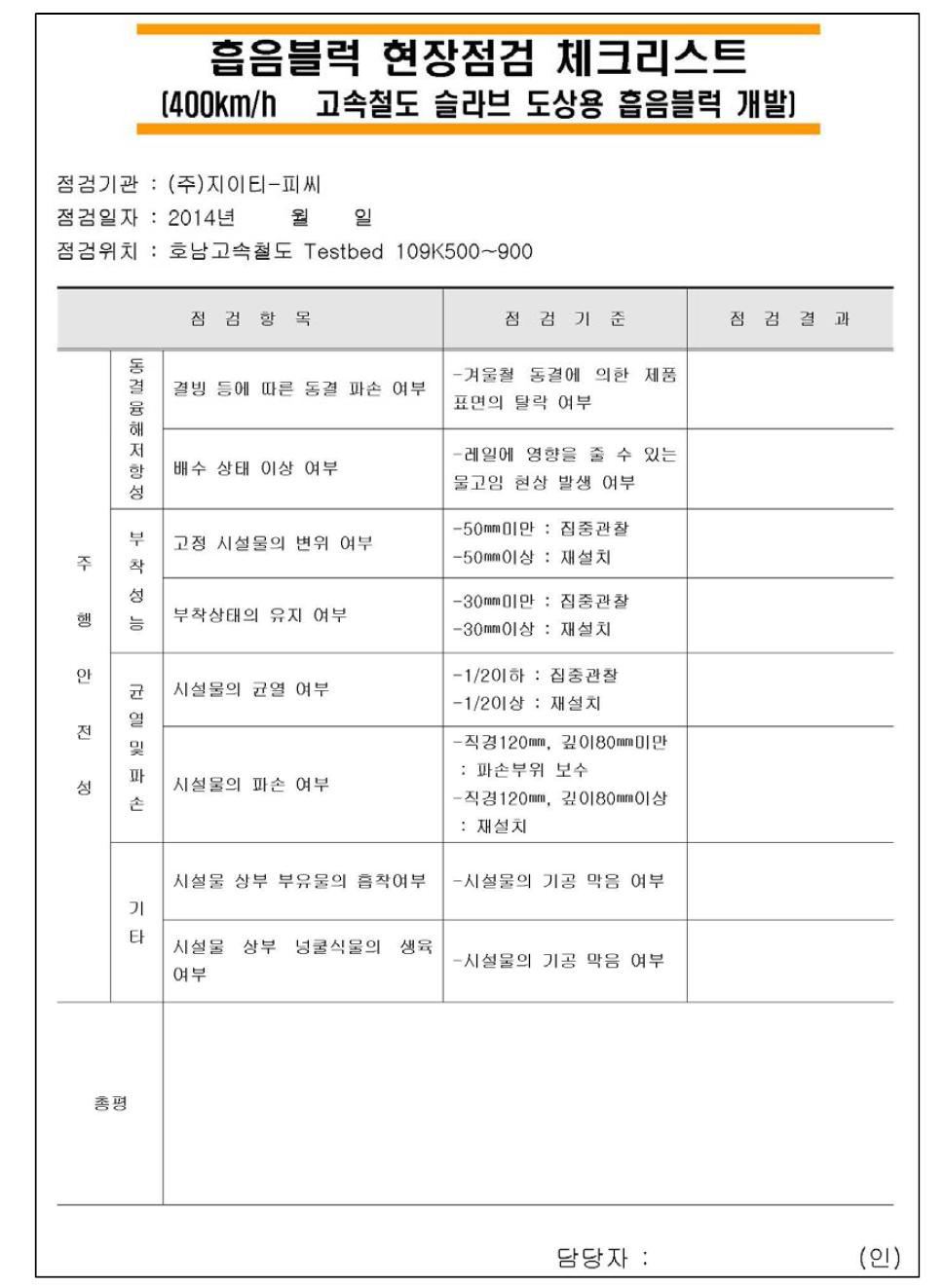 흡음블럭 현장점검용 체크리스트 양식