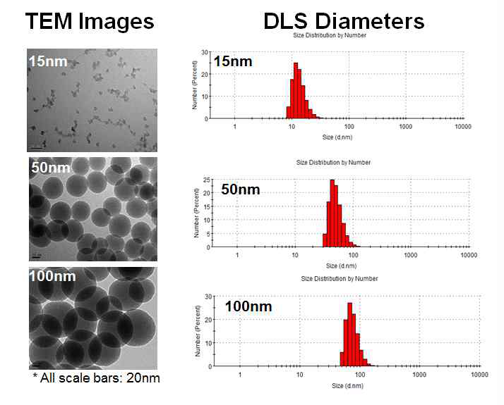 크기에 따른 구형 실리카입자의 TEM 이미지와 DLS 사이즈 측정 결과