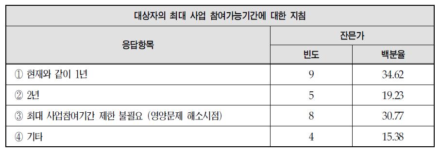 대상자의 최대 사업 참여가능기간에 대한 지침관련 의견: 전문가 의견