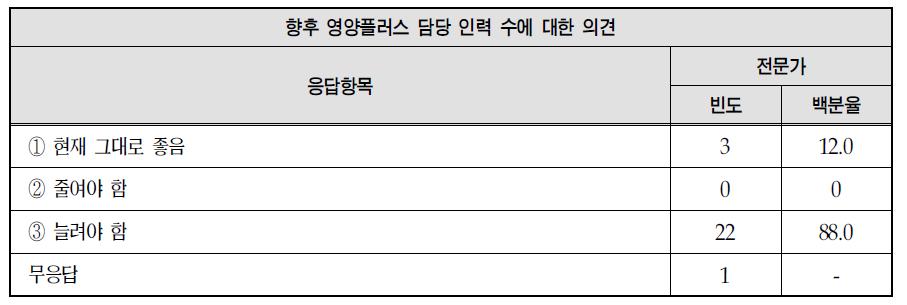 영양플러스사업 담당 인력수에 대한 의견: 전문가 의견