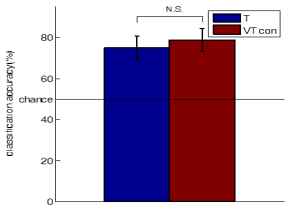 촉각자극과 시촉각 동시자극 때 multivoxel pattern classification accuracy.