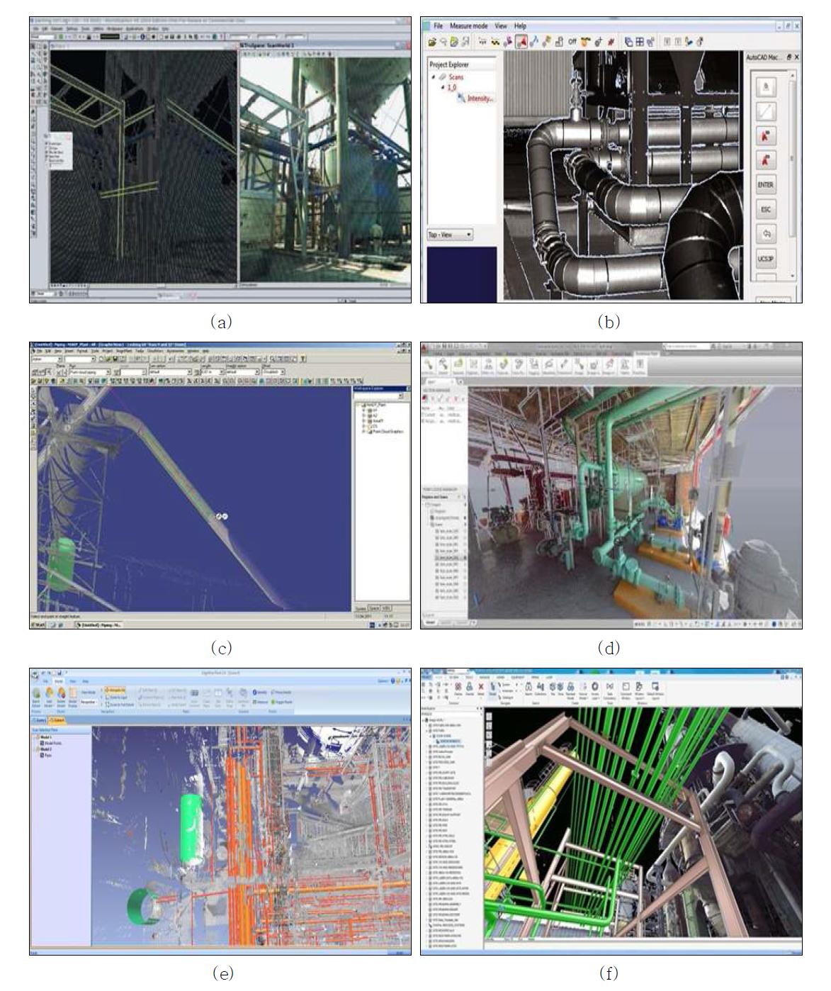 3차원 As-Built 플랜트 정보 모델 구축 업체별 소프트웨어의 사용자 인터페이스 (a) Leica CloudWorx (Leica Geosystems사), (b) VirtuSurv (Kubit사), (c) SmarPlant 3D (Intergraph사), (d) AutoCAD Plant 3D (Autodesk사), (e) EdgeWise Plant (ClearEdge 3D사), Laser Modeller (Aveva사)
