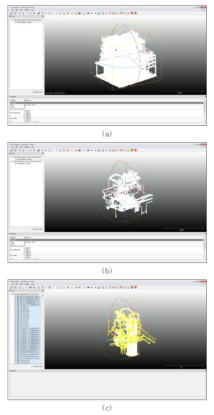 3차원 As-Built 플랜트 정보 모델 구축 시스템 개발 결과 화면 예시 (PIM Modeler v1.5.5) (a) 메인 화면, (b) 배관에 대한 점군 데이터 추출 결과 화면, (c) 배관 모델 구축 결과 화면