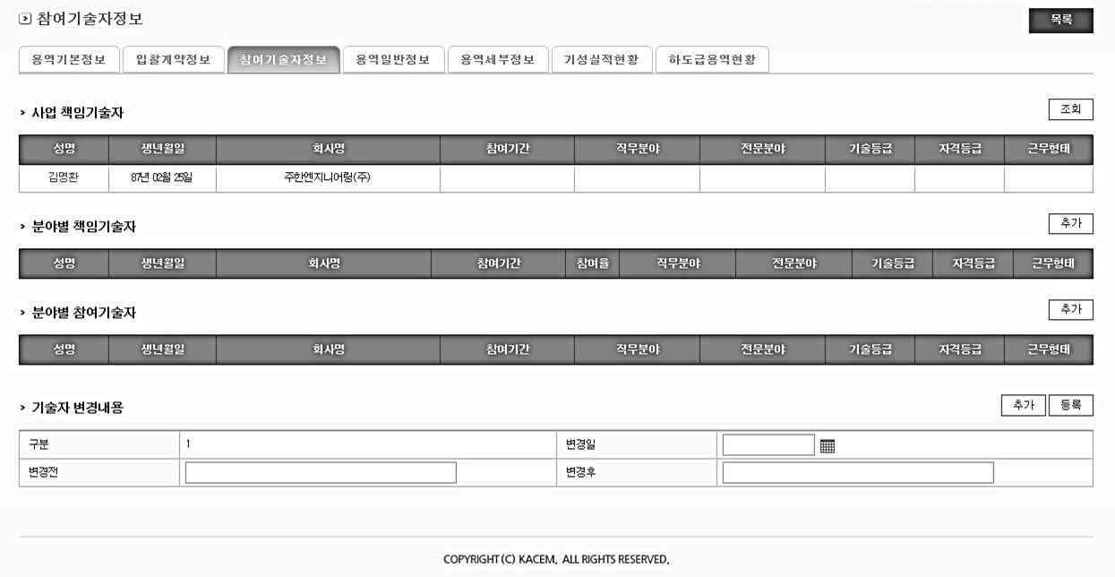 참여기술자정보 화면