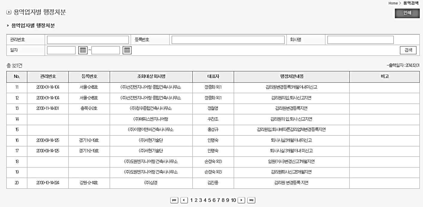 KISCON 연계정보 - 용역사 행정처분정보 조회 화면