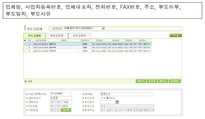 건설사업관리시스템(CALS)의 하도급업체정보 작성 화면