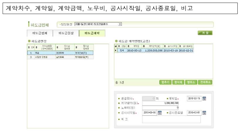 건설사업관리시스템(CALS)의 하도급 계약정보 작성 화면