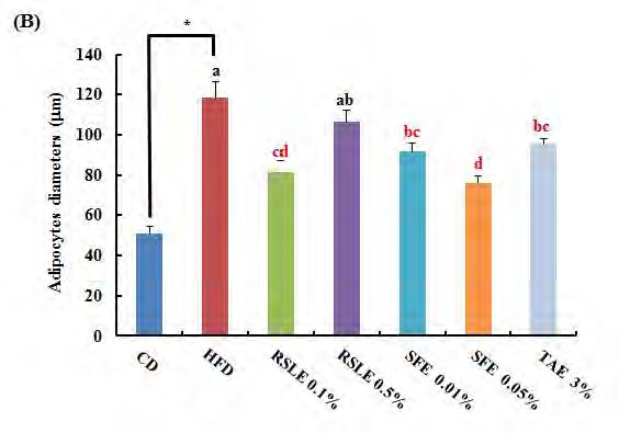 Figure 170. Effect of the RSLE, SFE and TAE on the size of adipocytes in C57BL/6J mice fed with a high-fat diet