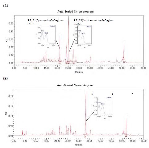 Figure 180. Chroma togram of sea buckthorn leaf(A) and sea buckthorn berry(B) extract, ethanol RT, retention time