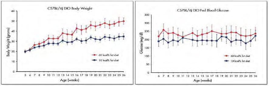 Figure 4. Changes of mean body weight and blood glucose level in C57BL/6J mice fed 10% kcal fat diet or 60 % kcal fat diet