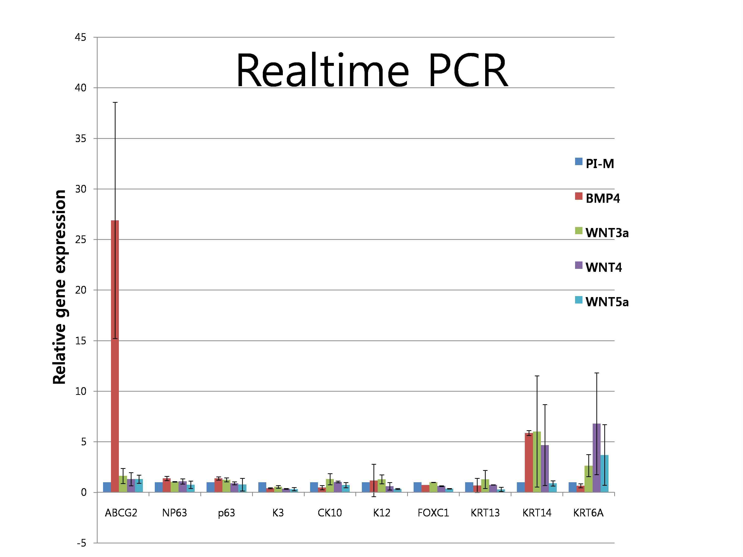 PI 배지에 여러 분화촉진인자를 추가한 후 14일 뒤 콜로니 가장자리의 분화된 세포들을 분리하여 qPCR 시행하였을 때 BMP4 처치시증가하는 경향을 보였음.