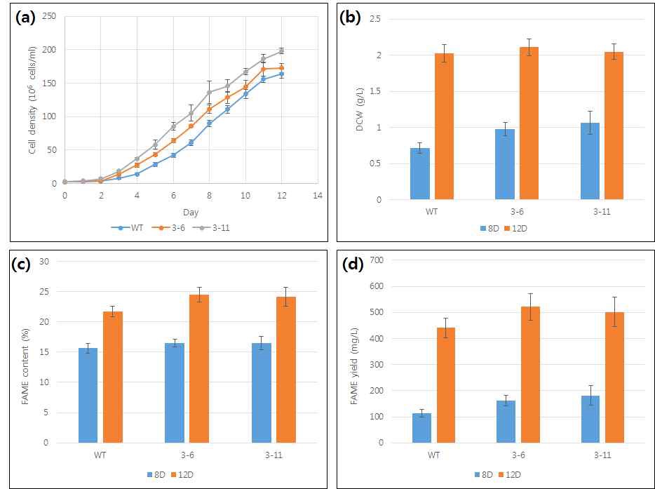 그림 46 NsbHLH2 형질전환체 Normal condition phenotype assay (a) 성장곡선, (b) DCW, (c) FAME content, (d) FAME yield.