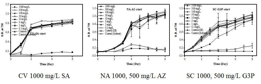 그림 20. CV, NA, SC에 각각 SA, AZ, G3P를 처리하였을 시 성장이 둔화되는 현상