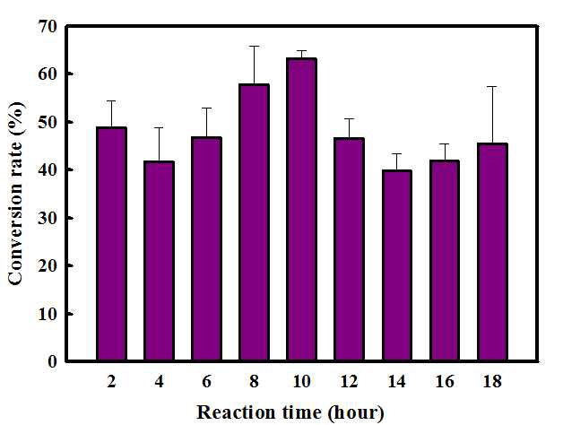 그림 34. 산성 촉매와 이온성 액체를 이용한 직접전환 효율의 시간대별 비교