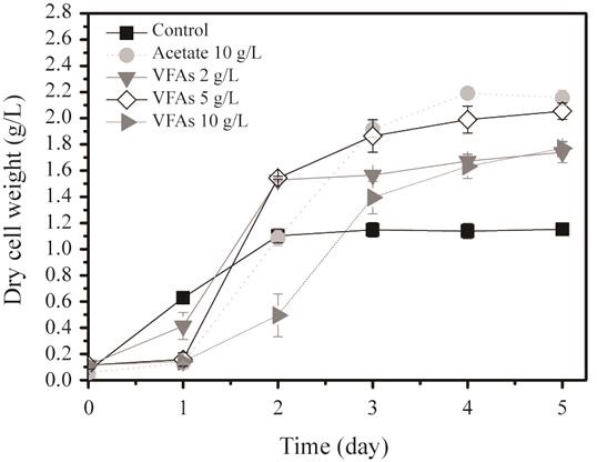 그림 46. Effect of VFAs on the growth of C. reinhardtii cultured in mixotrophic cultivation.