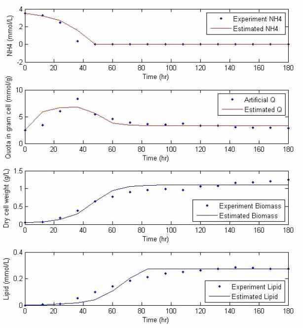 [NH4]의 초기 농도가 3.5mM인 실험 데이터와 통합 모델을 이용하여 미세조류 성장과 오일함량 예측 결과 비교