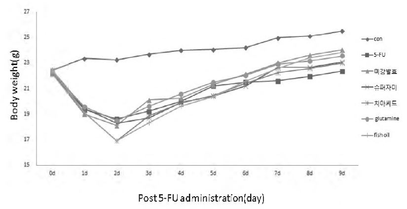 Effect of a experimental diet on body weights in 5_FU induced muc.osi仕s mice