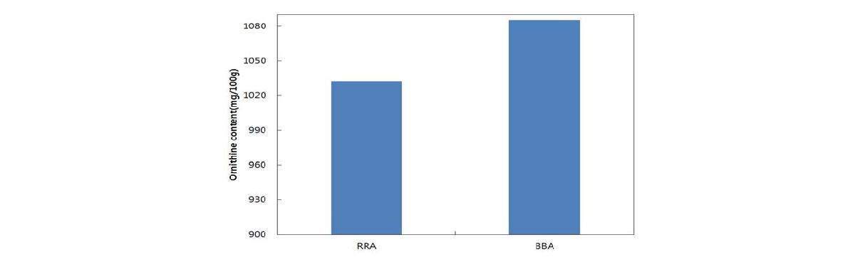 미강 또는 맥강이 첨가된 최적 발효조건에서 RBO1-49 및 BBO1-48균주에 의한 Ornithine 생산량 비교.