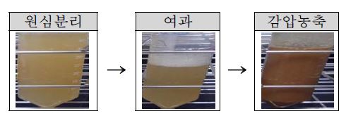 RBO1-49균주에 의한 미강 발효물의 액상 소재화 공정별 사진.