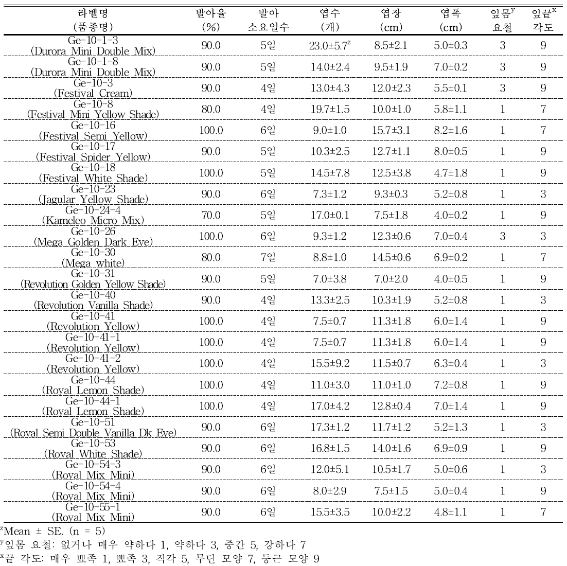 분화용 거베라 노란색 계통(품종)의 발아율 및 생육 특성.