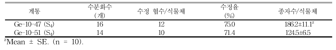 지속적인 자가수분에 따른 계통별 수정률 및 협당 종자수