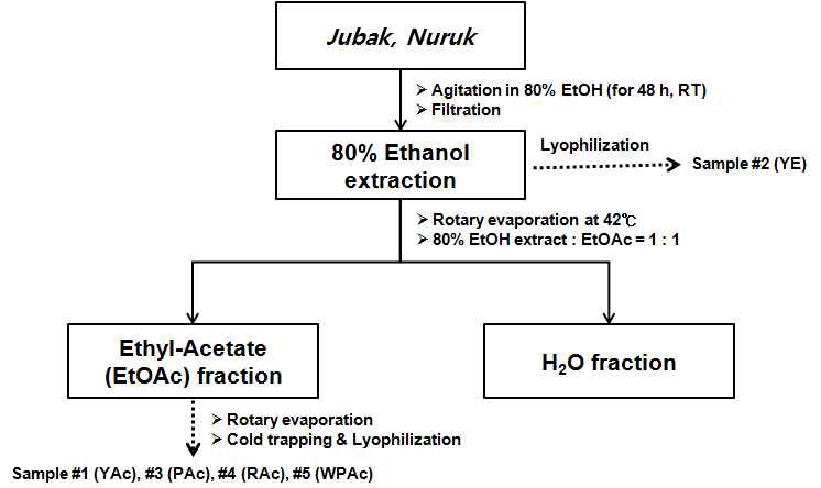 Fig. 3-2-1. Flow-Scheme of Sample Preparation. Ethyl acetate fraction of E-Ju lees extract (YAc), E-Ju lees extract (with 80% ethanol) (YE), Ethyl acetate fraction of B-Ju lees extract (PAc), Ethyl acetate fraction of Nuruk extract (RAc), Ethyl acetate fraction of W-Ju lees extract (WPAc).