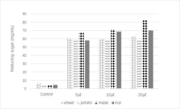 Fig. 16. Effect of enzyme (α-amylase and amyloglucosidase) units on amount of reducing sugar in wort of Dahyang with adjuncts (wheat, potato, maize, and rice).