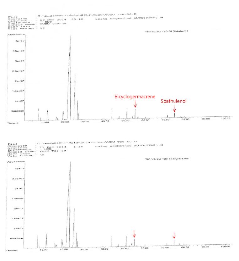 그림 1-29. GC peaks of yuzu essential oil by tocopherol treatment stored for 3~120 days at 20 °C.