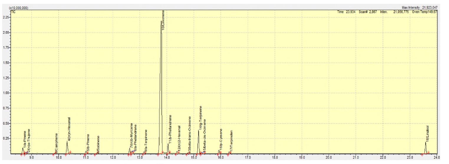 그림 2 -9. GC MS chromatogram of yuzu peel 2012