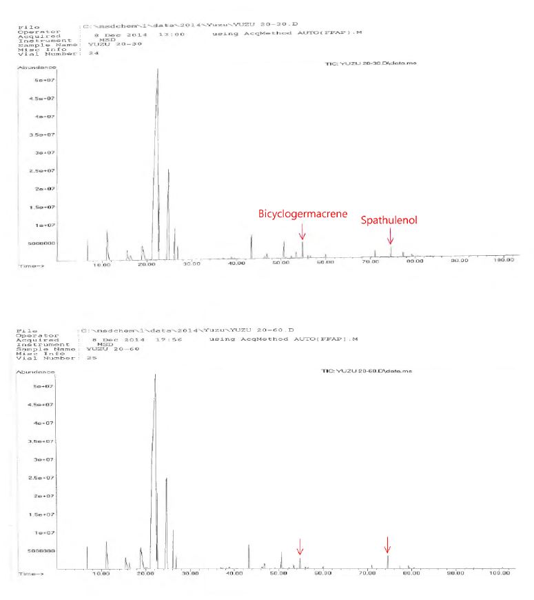 그림 1-24. GC peaks of yuzu essential oil stored for 3~120 days at 20 °C