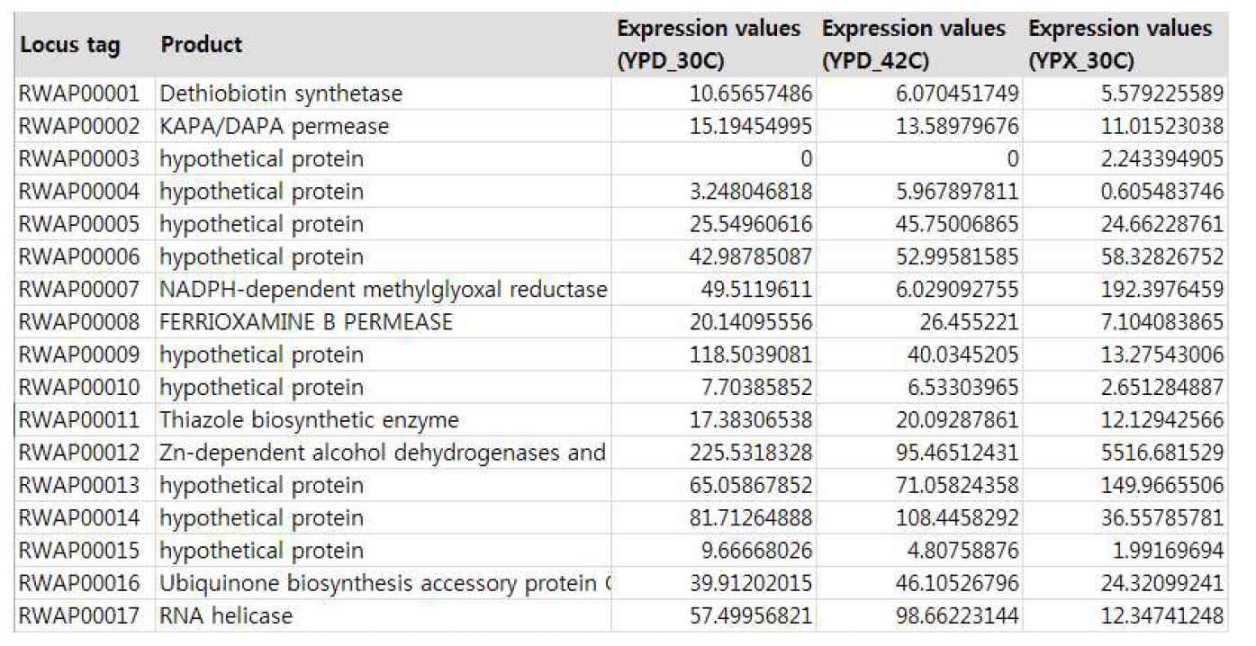 그림 3-26. 각 배양 조건에 따른 유전자의 발현 수치 비교.