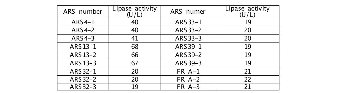 표 4-4 B. Km25571 형질전환체들의 리파제 활성 분석