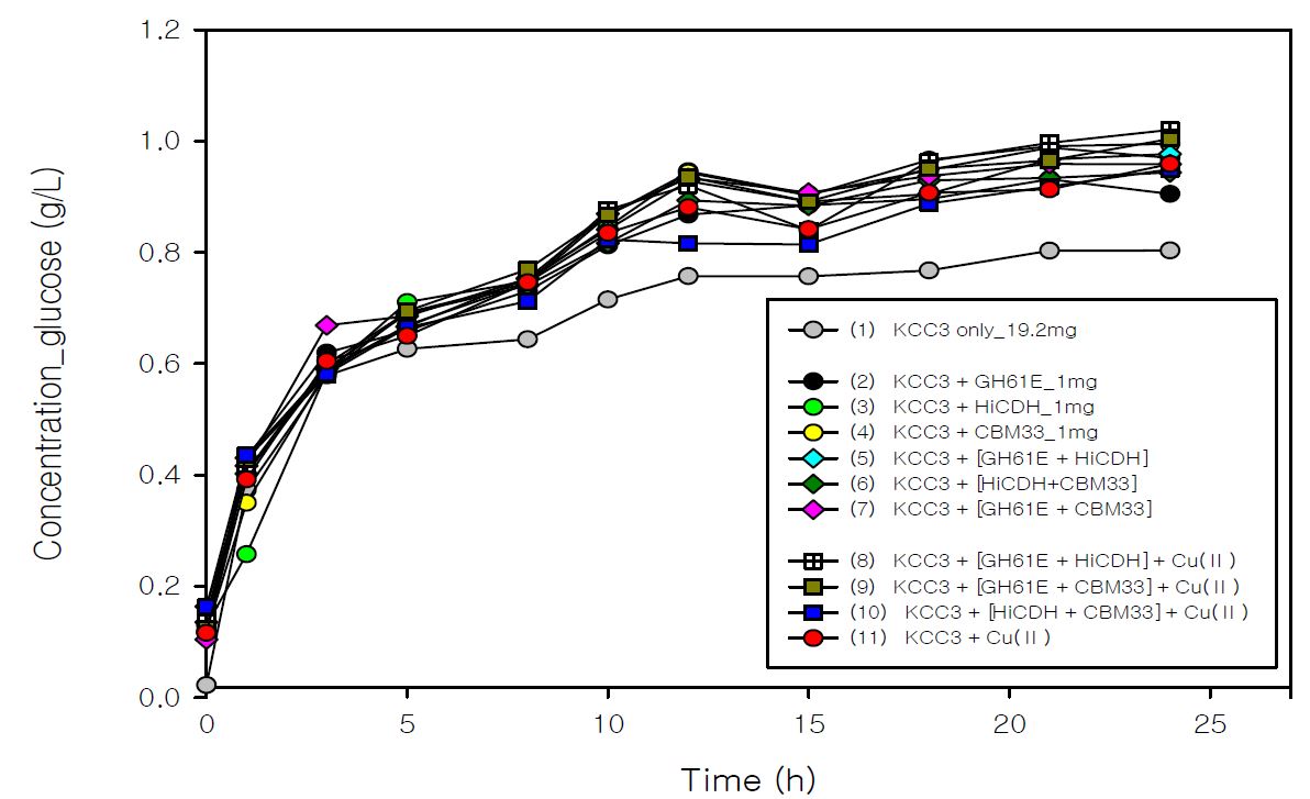 그림 6-16. 전처리 볏짚을 이용한 KCC3 효소 칵테일과 보조 효소 GH61E, HiCDH,CBM33, Cu(Ⅱ)과의 당화 시너지 효과