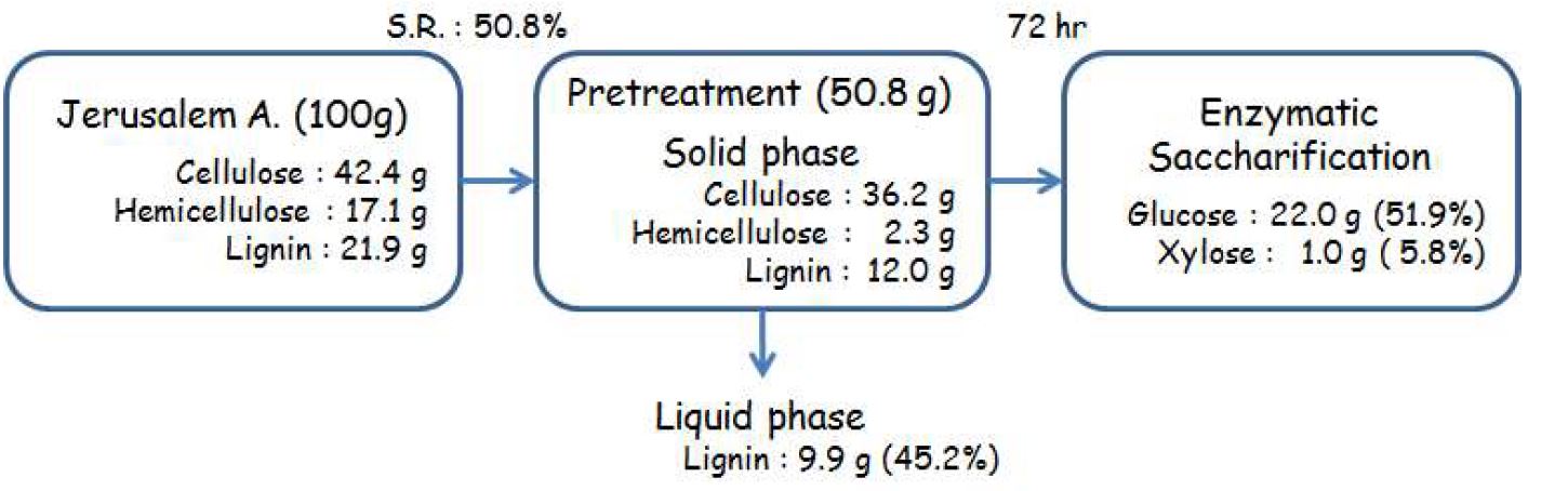 그림 2-35. Mass balance of pretreatment by Hot-water for 20 min and 0.5 wt% Sulfuric acid solution for 20 min at 169.7℃