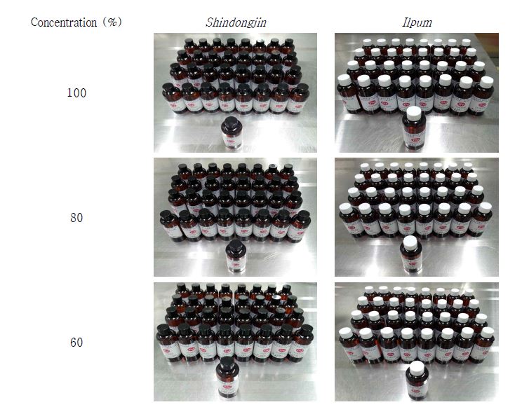 Fig. 6-8. The prototype of the beverages containing water extracts of germinated rough rice Shindongjin and Ilpum with different concentrations.